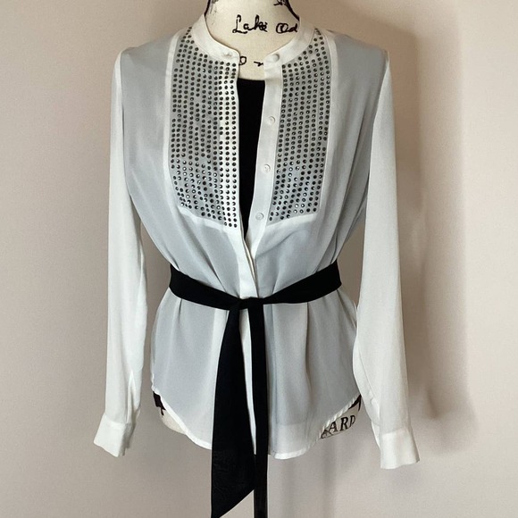 Long Sleeve White Blouse Tunic Top Silver Rhinestones Hidden Buttons Size XSmall - Picture 10 of 12